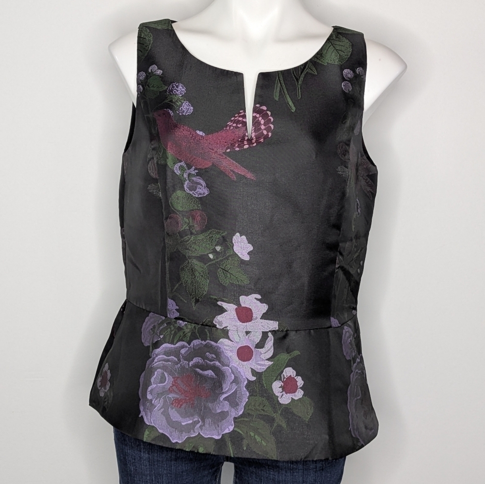 Talbots Black Purple Floral Bird Sleeve Peplum Tank Blouse 10